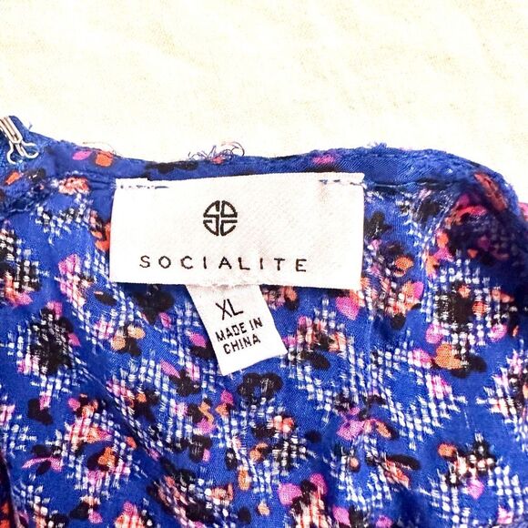Socialite Flutter Sleeve Surplice Neck Faux Wrap Blue Floral Mini Dress Size XL - Picture 4 of 5